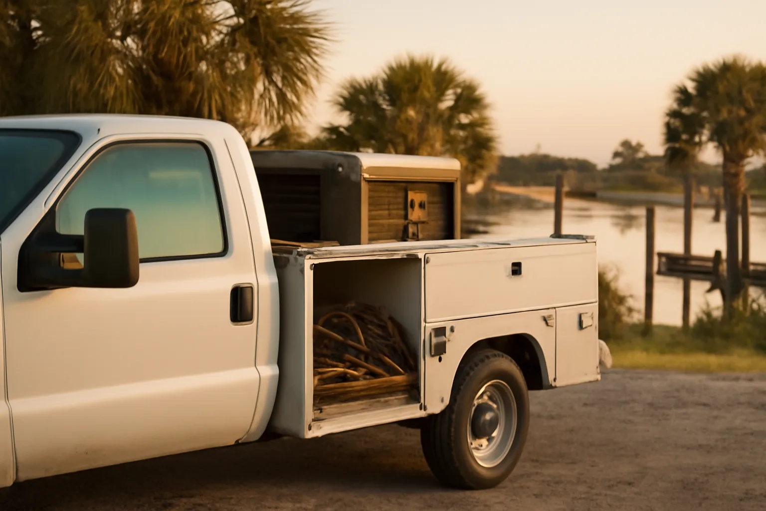 Mobile welder truck and diesel machine at a Florida marina yard