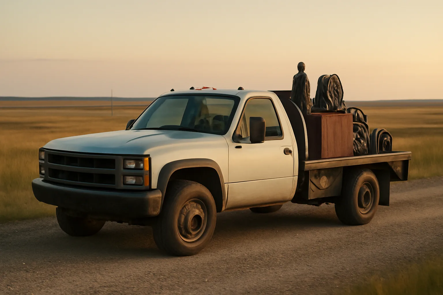 Mobile welding truck parked on South Dakota plains road at golden hour