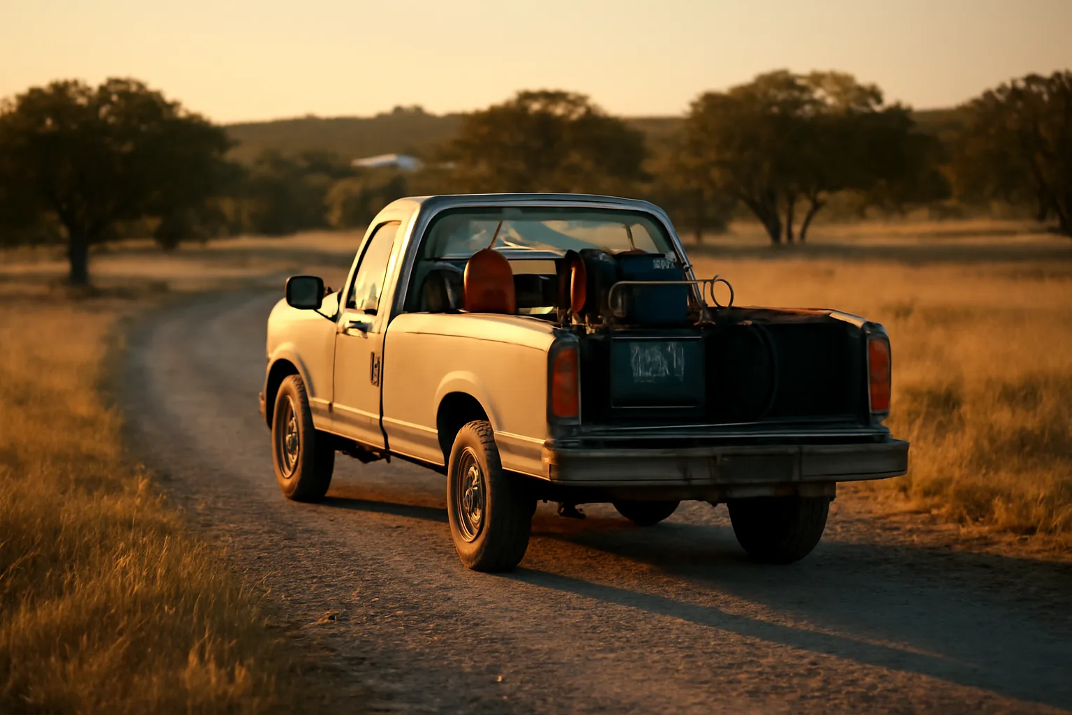 Mobile welding truck parked on Texas gravel road at sunset with equipment in bed